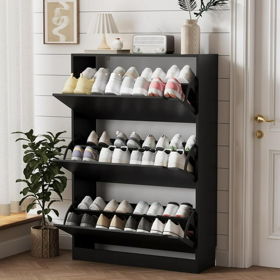 FANRAL Shoe Cabinet with 3 Flip Drawers for Entryway,Wooden Sturdy Shoes Rack Organizer for Hallway Bedroom Closet Living Room Home Apartment,Black