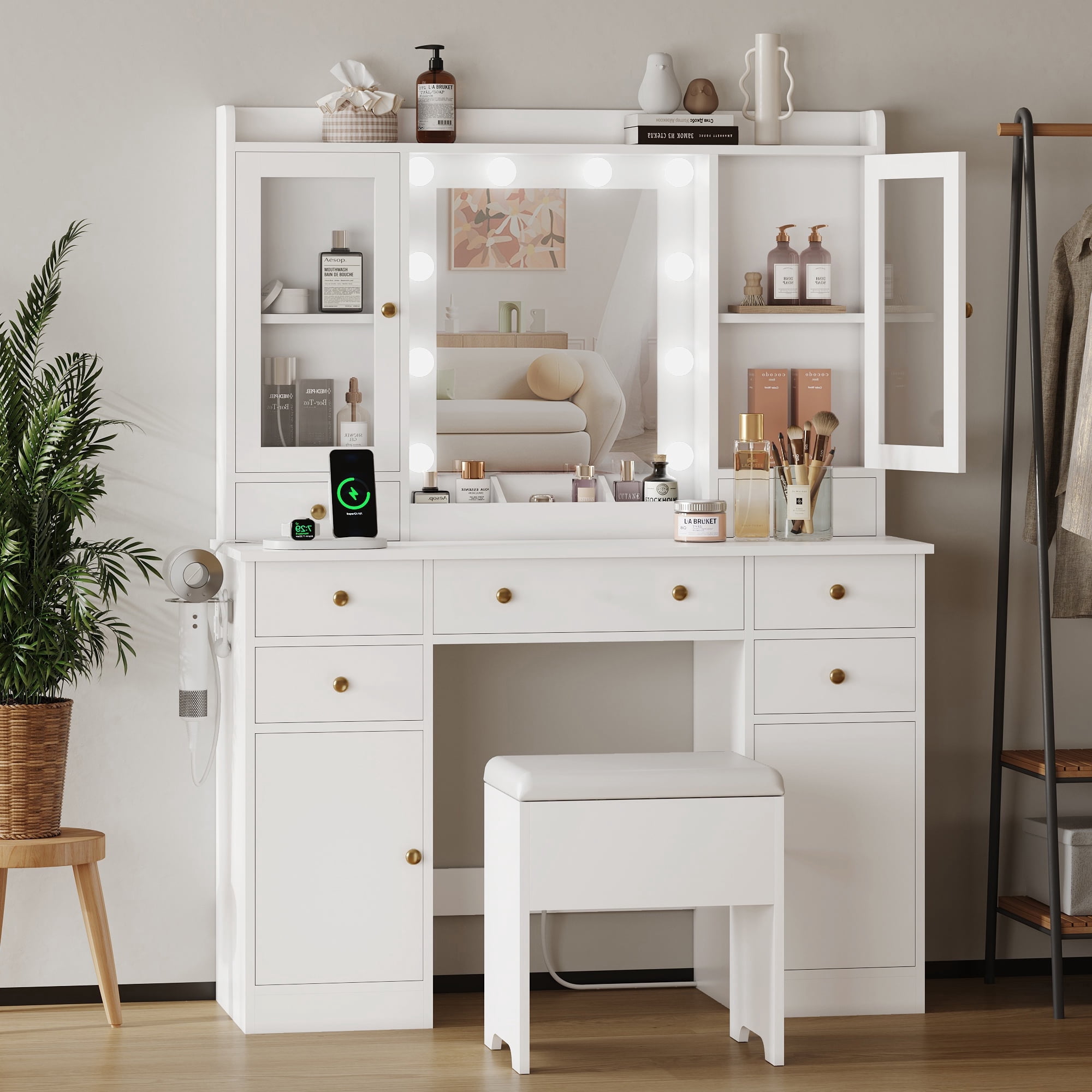HUANLEGO Vanity Table Set with LED Lighted Mirror and Stool, Dressing