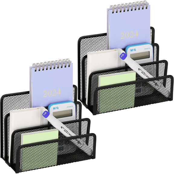 HUANOR 2 Pack Desk Mail Organizer, Small Metal Mesh File Holders, Black Desktop Document Sorter for Letters, Bills, Papers & Folders, Space-Saving Office Organization