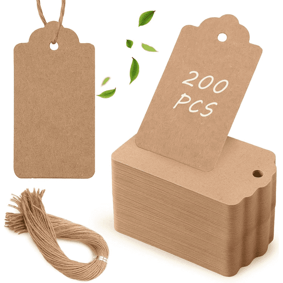 HUANOR 200 Pack Brown Paper Tags with String, Blank Rectangular Gift Labels for Mason Jars, Christmas, Birthday, Yard Sale, Scrapbooking & DIY Crafts (Natural Kraft)