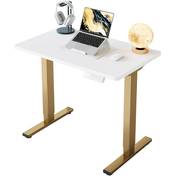 HUANUO 32" Small Electric Standing Desk Adjustable Height, 4 Memory Height Settings, Sit Stand Up Desk for Home Office & Computer Workstation, White and Gold Frame