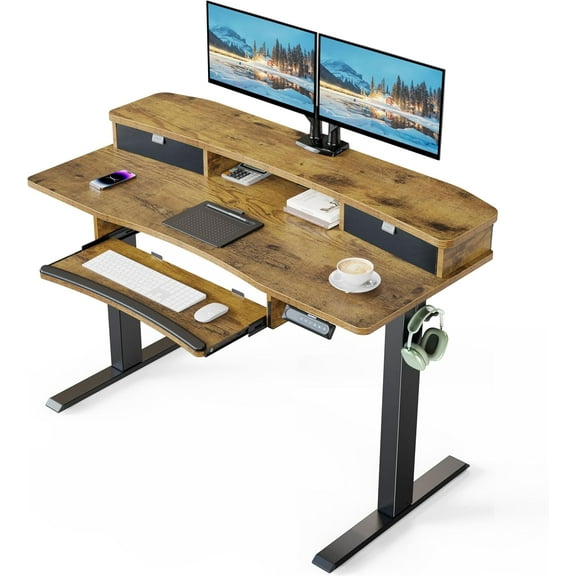 HUANUO 48" x 26" Electric Standing Desk with 2 Drawers & 26.7" Large Keyboard Tray, C-Clamp Mount Compatible, Adjustable Computer Desk for Home Office, Stand Up Desk with 4 Height Presets, Vintage