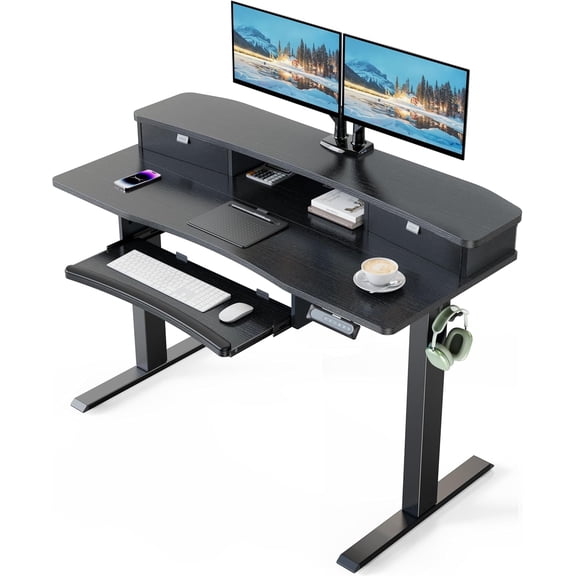 HUANUO 48" x 26" Electric Standing Desk with 2 Drawers & 26.7" Large Keyboard Tray, C-Clamp Mount Compatible, Adjustable Computer Desk for Home Office, Stand Up Desk with 4 Height Presets, Black