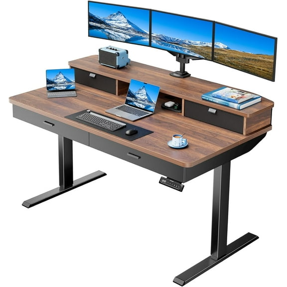 HUANUO 55 x 30 inch Electric Standing Desk with Wood Drawers, Adjustable Height Sit Stand Home Office Desk with Two Tiers, Ergonomic Adjustable Stand up Desk with Monitor Stand, Walnut
