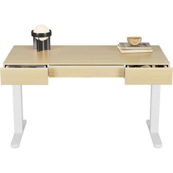 HUANUO Electric Standing Desk with 3 Drawers, 48 Inches Height Adjustable Stand Up Desk, Whole-Piece Board Computer Workstation with 4 Memory Height Settings, Light Walnut