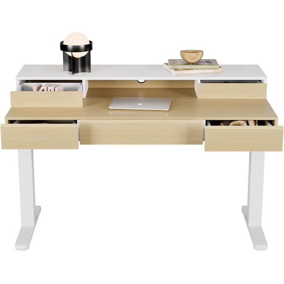 HUANUO Electric Standing Desk with Drawers, 48 Inches Height Adjustable Stand Up Desk with Monitor Shelf, Whole-Piece Board Computer Workstation with 4 Memory Height Settings, Light Walnut