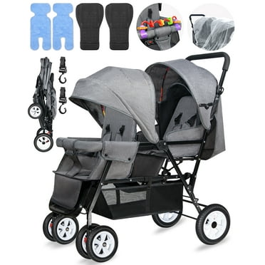 HUART Double Stroller, can Sit and Lie Down Lightweight Folding Children's Stroller, Gray
