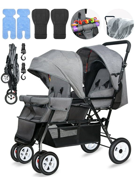HUART Double Stroller, can Sit and Lie Down Lightweight Folding Children's Stroller, Gray