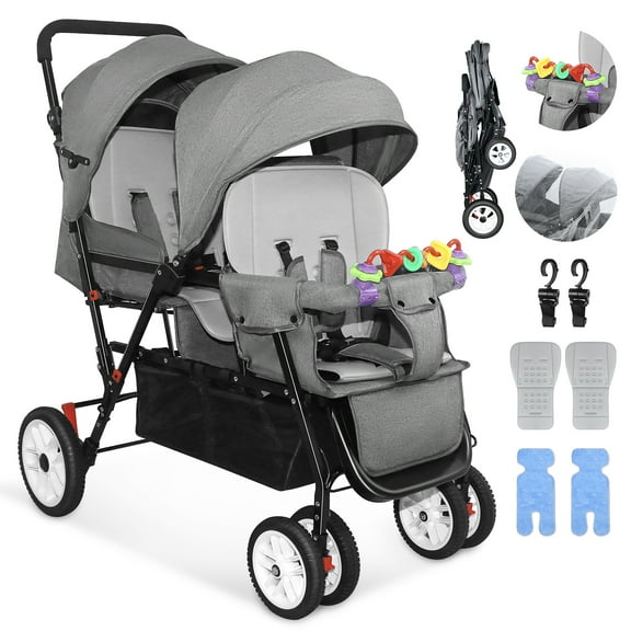 HUART Double Stroller, can Sit and Lie Down Lightweight Folding Children's Stroller, Gray