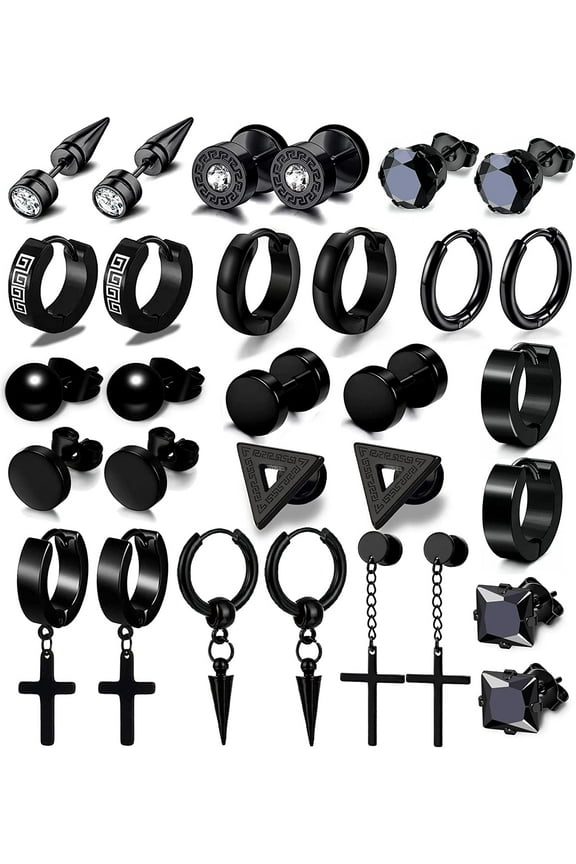Men's Hoop Stud, Earring, Black Stainless Steel, 15 Pack