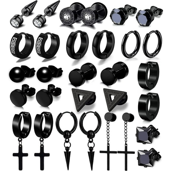 HUART Men's Hoop Stud, Earring, Black Stainless Steel, 15 Pack