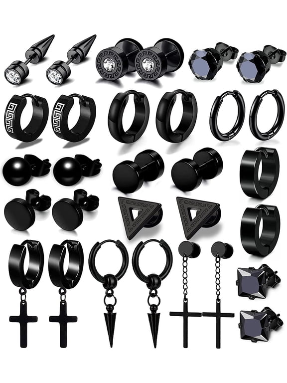 Men's Hoop Stud, Earring, Black Stainless Steel, 15 Pack