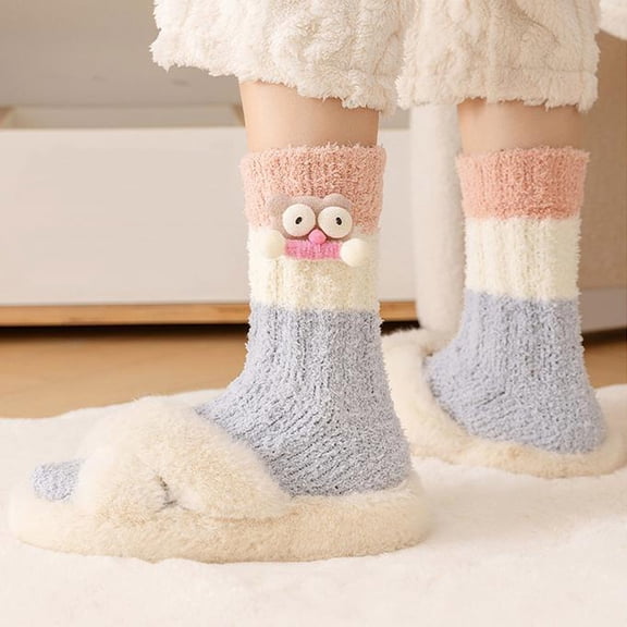 HUAUXN-Cartoon Print Sleep Socks - Winter Thermal Knee High Stockings with Plush Inner, Cozy Bed Socks for Indoor Home Comfort(Light Gray)