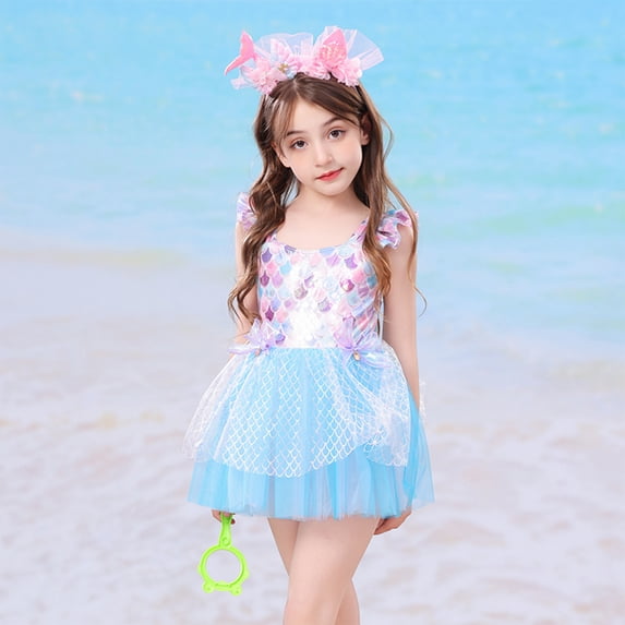 HUAUXN Girls Swimsuit Set,Sparkly Ocean Scale Design Tail Top and Matching Swim Cap,Princess 2 Piece Bathing Suit for Pool Beach Summer(Multicolour,7-8 Years)