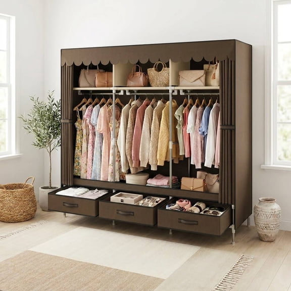 HUAXINYUN Metal Frame Armoire for Hanging Clothes, 59 Inch Portable Closet Wardrobe with Brown Fabric Dust Cover, 3 Hanging Rods & 3 Drawers, Dust Resistant Storage Armoire for Apartments & Bedrooms.