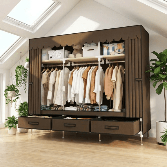 HUAXINYUN Portable Wardrobe Closet , 59”Heavy Duty Metal Clothing Organizer with Dust Cover, 3 Hanging Rods and 3 Drawers, Freestanding Storage Armoire Ideal for Apartments, Dorms & Guest Rooms.