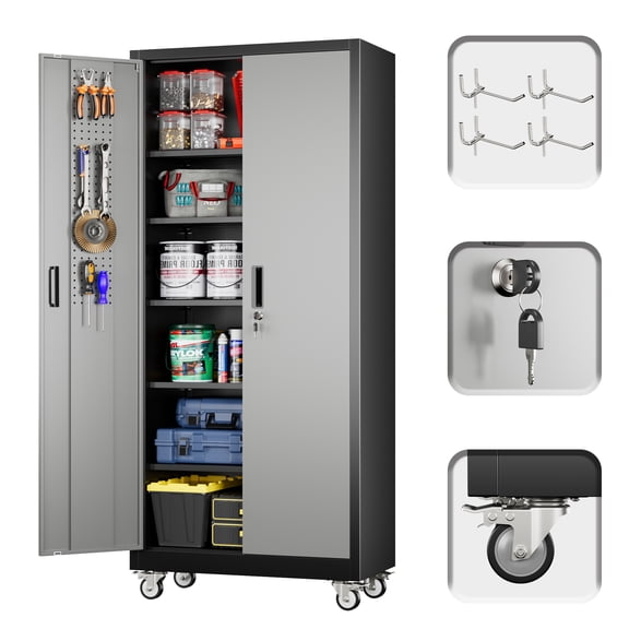 HUAXRON 71 inches Tall Metal Rolling Garage Storage Cabinets with Locking Doors and 5 Adjustable Shelves, Metal Storage Cabinet for Garage, Office, Home, Classroom, Assemble Required(Gray)