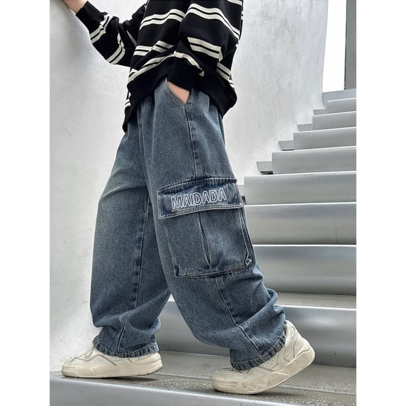 HUAXUN-Boys Cargo Jogger Pants with Multiple Pockets, Fully Elastic Waist Casual Sport Trousers for Kids, Regular Fit for School & Outdoor(Blue2,10-12Years)
