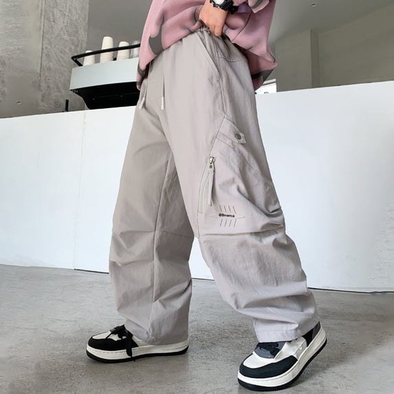 HUAXUN-Boys Cargo Joggers with Multiple Pockets - Casual Cotton Blend Pants for Toddler & Big Kids 4-15 Years, Comfortable Outdoor Playwear with Adjustable Waist(Light Gray,14-15 Years)