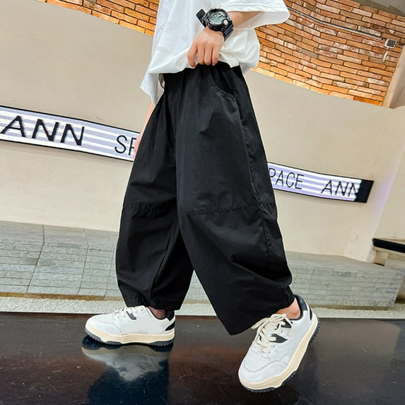 HUAXUN-Boys Casual Cargo Pants Loose Fit Canvas Nine-Inch Flare Trousers Breathable Summer Comfortable Solid Color Cropped Pants(Black,12-13Years)