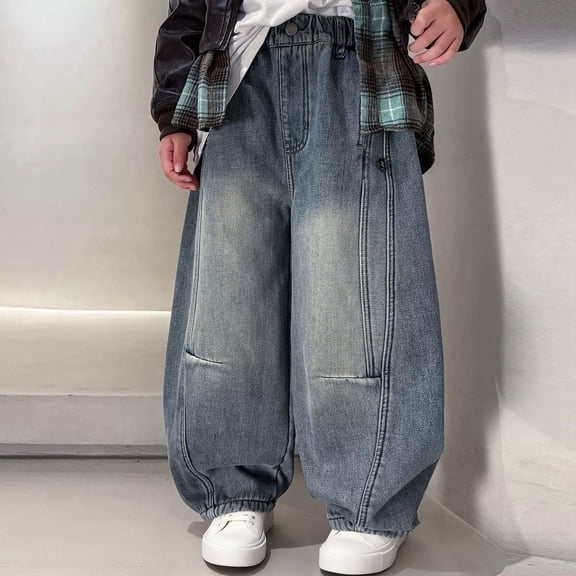 HUAXUN-Boys Lined Jeans - Winter Thermal Pants with Stretch Fit,Boys Straight Leg Baggy Jeans Kids Boys Elastic Waist Casual Loose Pull On Denim Pants with Pockets(Dark Blue,11-12Years)