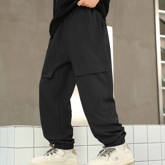 HUAXUN-Boys' All - Season Cargo Pants , Cargo Jogger Pants, Elastic Waist Casual Sweatpants, Teenage Relaxed Pants with Pockets, School Casual Trousers(Black,8-9Years)