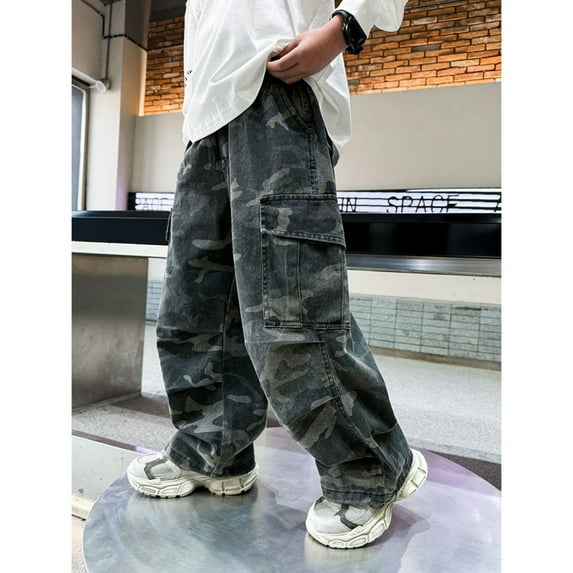 HUAXUN Boys straight leg jeans,Baggy Jean Elastic Waist Pull On Denim Pant Classic Straight Wide Leg Jeans for Kid,Jeans Baggy Straight Leg Elastic Waist Loose Denim Pants with Pockets age:5-29 Years