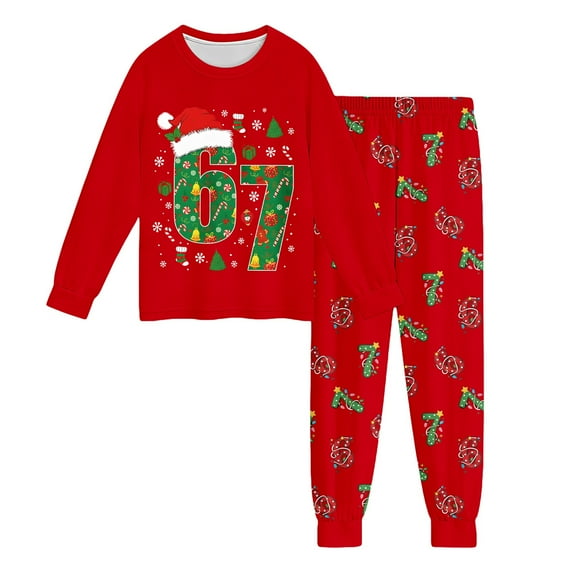 HUAXUN-Christmas 67 Shirts and Pants Outfit Set for Kids Six Seven 6 7 meme 2Pcs Pajamas Clothes Set Boys Girls Outfit(A-Red,Red)