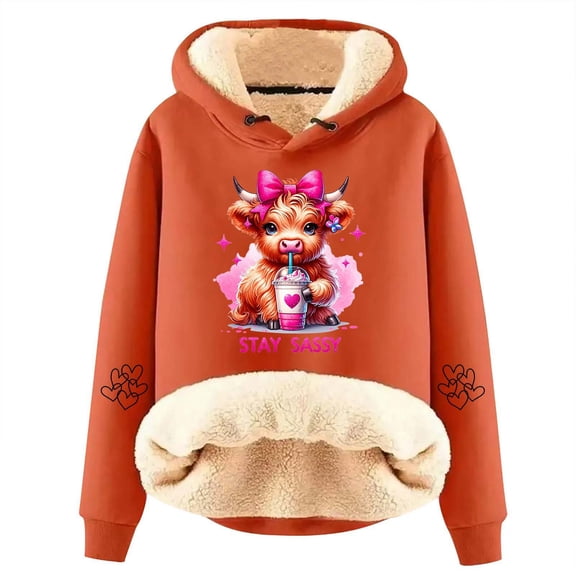 HUAXUN-Christmas Highland Cow Print Thickened Sherpa Hoodie,Women's Hooded Sweatshirt Thickened Velvet Cardigan, Autumn and Winter Warm and Stylish Christmas Apparel(F-Orange,XL)