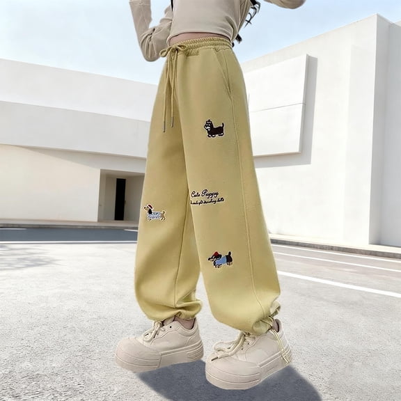 HUAXUN-Embroidery Puppy Baggy Barrel Sweatpants Casual Unisex Baggy Joggers with Curved Hem, Loose Fit Casual Pants for All Seasons, Girls Lined Cartoon Pants(Yellow,140)
