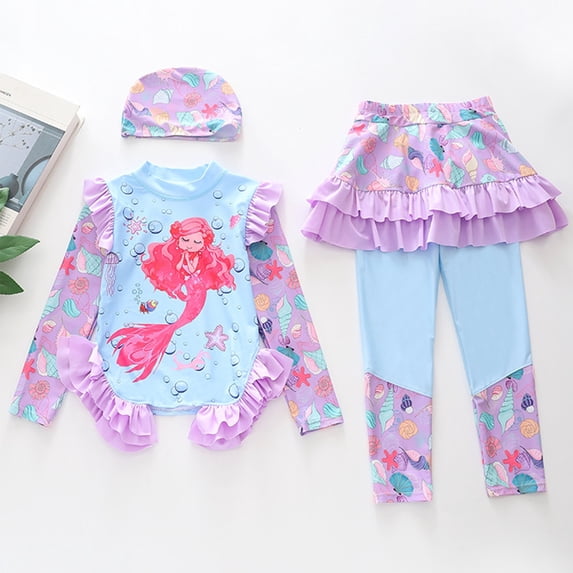 HUAXUN Girls 3 Piece Swim Set,UPF Sun Protective Long Sleeve Rash Guard & Ruffle Long Pants with Cap, Full Coverage Swimsuit for Girls(Light Blue3,4-5 Years)