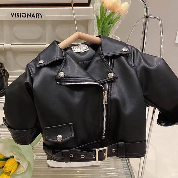 HUAXUN-Girls' Cool Motorcycle - Style Large Lapel Zip - Up Girls Leather Jacket - Autumn & Winter Fleece - Lined Fashion Top(BK2,5-6Years)