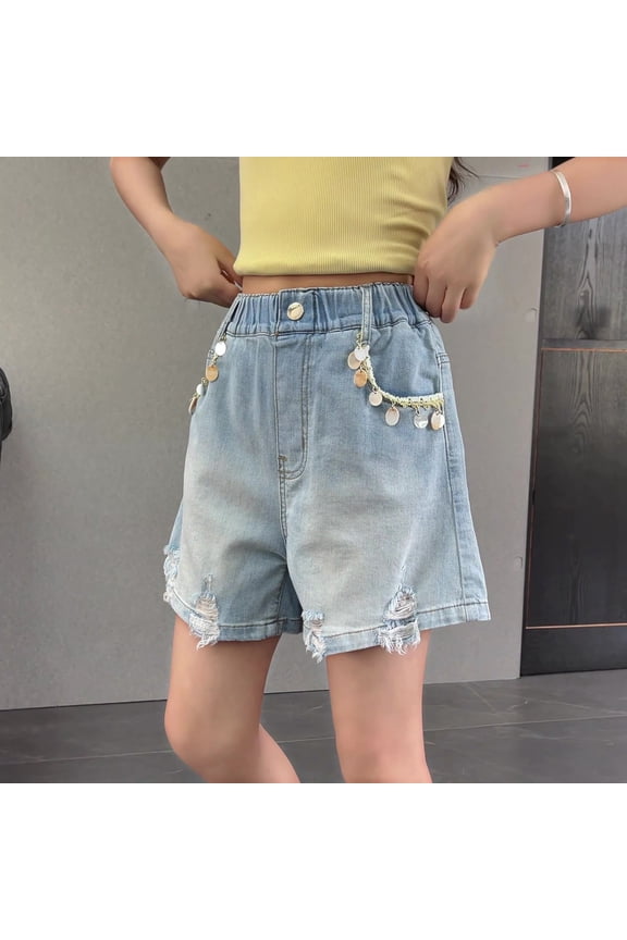 -Girls Denim Shorts, Summer Thin Outerwear, High Waist Stretch Trendy Cool Street Style, 4-16Y Older Kids New Summer Pants(Light Blue,4-5Years)