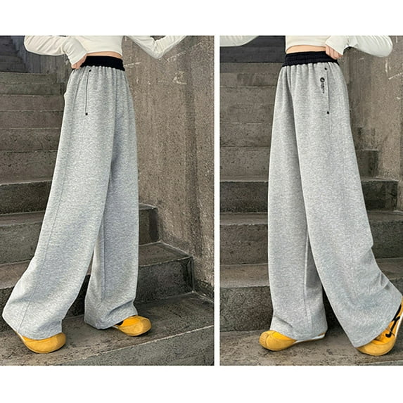 HUAXUN-Girls' Drawstring Contrast Waist Wide-Leg Sweatpants, Solid Color Athletic Casual Long Pants, 4-12 Years Spring & Autumn Outdoor Pants, School Versatile Bottoms(Grey,5-6Years)