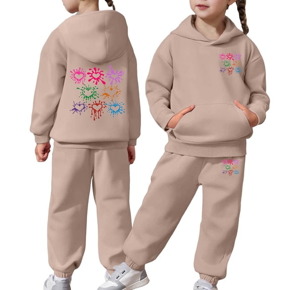 HUAXUN-Girls Heart Print 2PC Tracksuit Cotton Outfit Sweatshirts Sweatpants Set Youth Girls Pullover Casual Hooded Tops Pants Tracksuits,Matching Hoodie & Pants Set(C-Khaki,12-13Years)