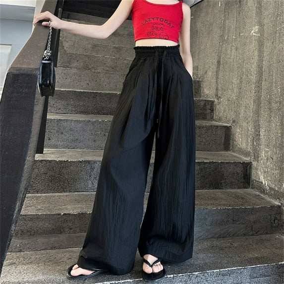 HUAXUN-Girls Ice Silk Wide Leg Pants | Soft Lightweight Summer Trousers with Elastic Waist | Flowy Loose Fit for Casual & Outdoor Wear(Black,7-8Years)