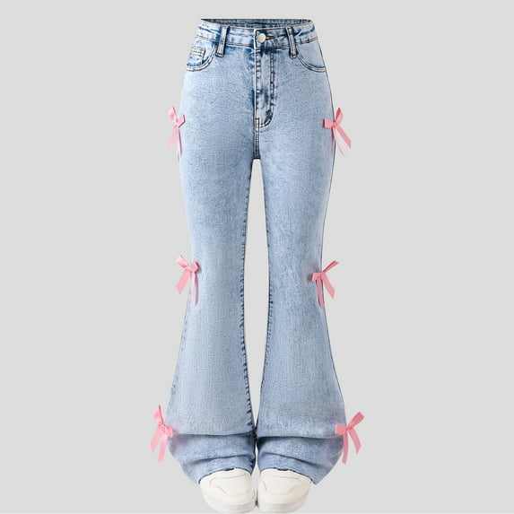 HUAXUN-Girls Jeans Flare/Bell Bottom Bow Jeans for High Waist Cute Stretch Tween Denim Pants 7-12 Y,Baggy Jeans for Woman Girls(Blue,11Y)