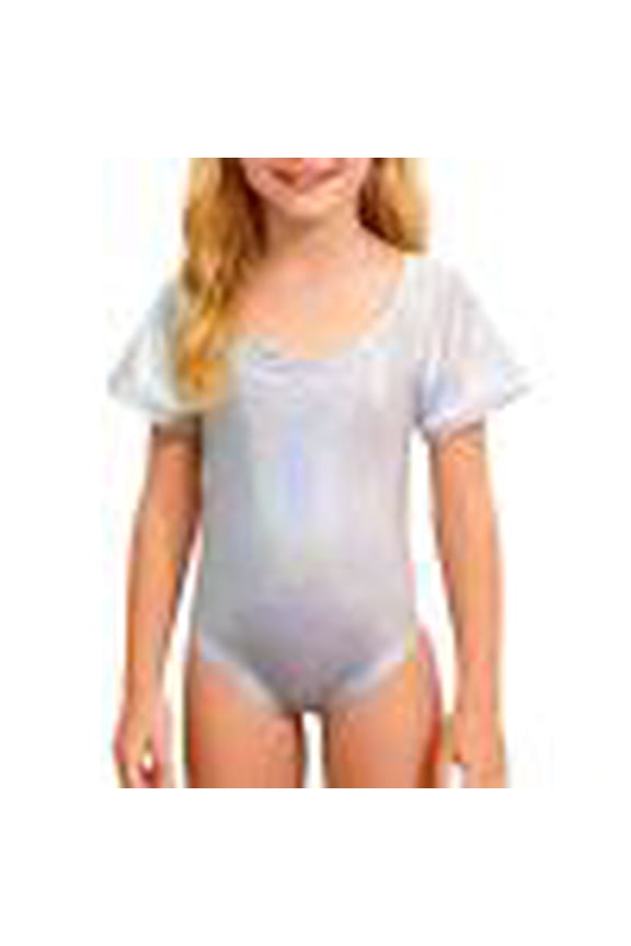 -Girls Latin Gymnastics Leotard - Sparkling Sequin Short Sleeve Unitard, Performance Training Costume for Kids, Stretch Fabric for Competition, Stage Shows and Daily Practice(Silver,140）