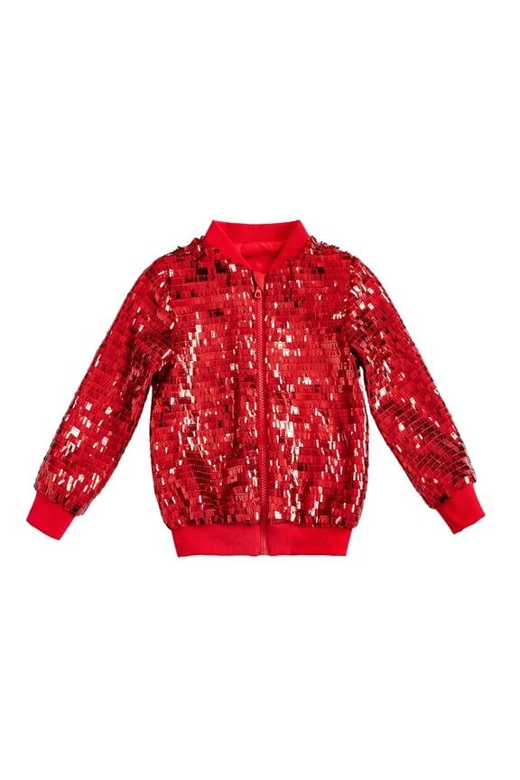 -Girls' Sequin Zip - Up Jacket - Solid Color Long - Sleeve Shiny Fashion Coat for Kids (Christmas & More Occasions)(Red,4-6Years)