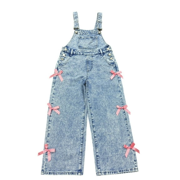 HUAXUN-Girls Snowflake Washed Denim Overalls | Wide Leg Jumpsuit with Adjustable Straps & Bow Decor | Casual Fashion Overalls for Teen Girls, School, Outings(Sky Blue,10-11Years)