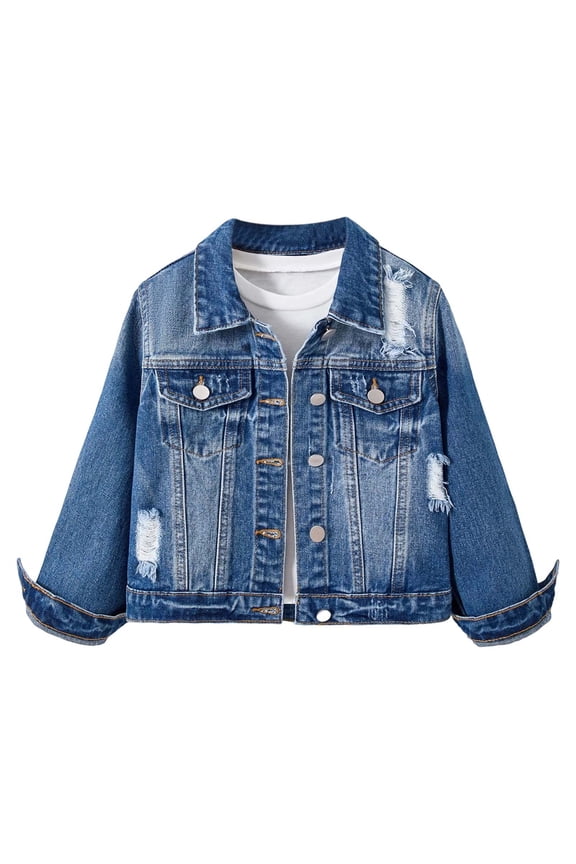 -Girls' Stylish Distressed Denim Jacket - Distressed Denim Jacket for Girls, Notched Collar Coat with Ripped Design, Fashion Jean Jacket for Preteens & Teens, Casual Outerwear(Blue,10Y)