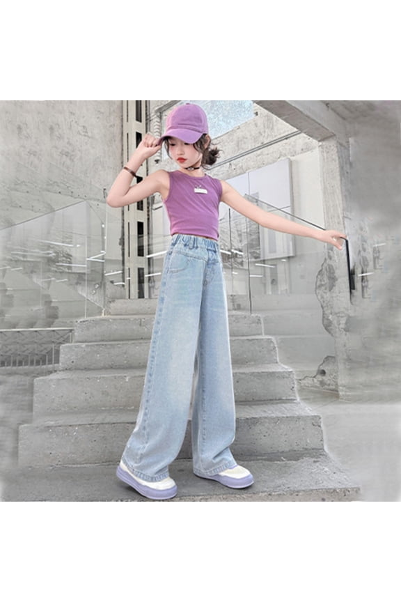 -Girls Summer Pants Thin Straight Leg Jeans - Loose Fit Comfortable Breathable Long Pants for Kids 5-14 Years, Casual Everyday Wear(Blue,7-8Years)