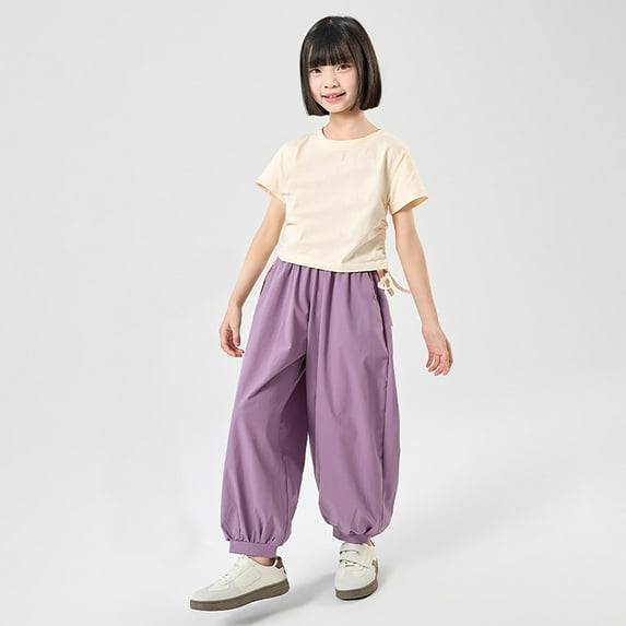 HUAXUN-Girls Sun Proof Pants | UPF 50+ Quick-Dry Lightweight Summer Trousers for Kids | Loose Fit Elastic Waist for Outdoor Play | Comfortable Beach Hiking Wear(Purple,7-8Years)