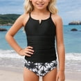 thumbnail image 1 of HUAXUN Girls Swimsuits 3 Piece Swimsuit Set, Floral Print Tankini Top and Swim Shorts with Cover Up Skirt, Beach Pool Outfit for Kids(Green3,5-6 Years), 1 of 7