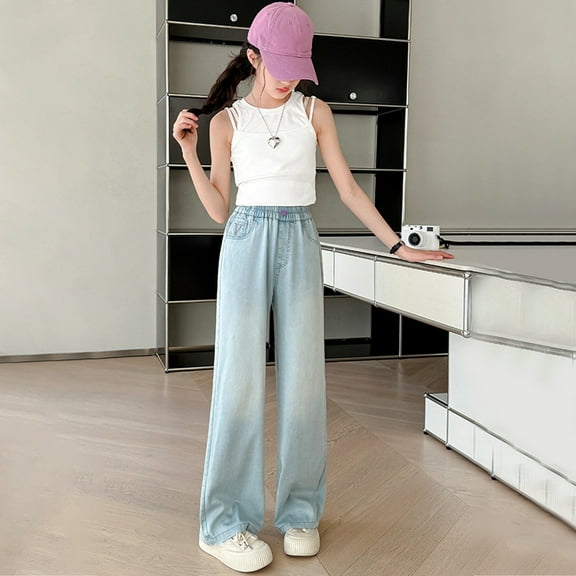 HUAXUN-Girls Wide Leg Denim Pants Summer Thin Straight Leg Jeans Casual Loose Fit Comfortable Breathable Kids Trousers for Daily Wear(Light Blue,13-14Years)