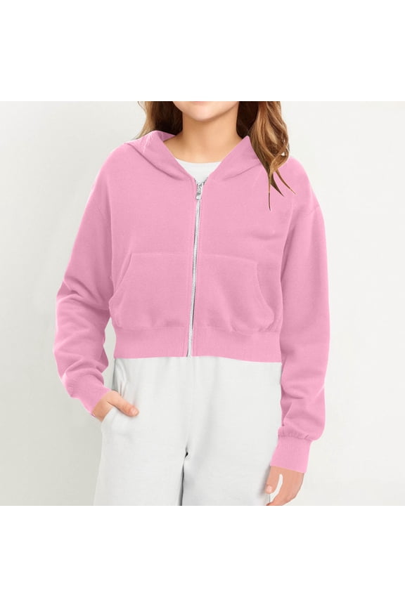 -Girls Zip Up Hooded Sweatshirt, Long Sleeve Casual Jacket, Solid Color Lightweight Pullover for School for Girls Long Sleeve Sweater Thumb Hole(Pink,11-12Years)