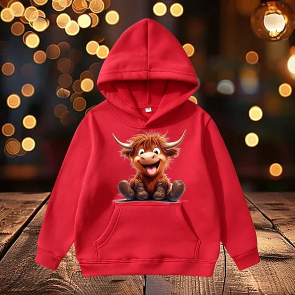 HUAXUN-Kids Cow Pullover Hoodie Graphic Print Sweatshirt with Pocket for Boys Girls Outdoor Play Casual Wear(Red4,3-4Years)