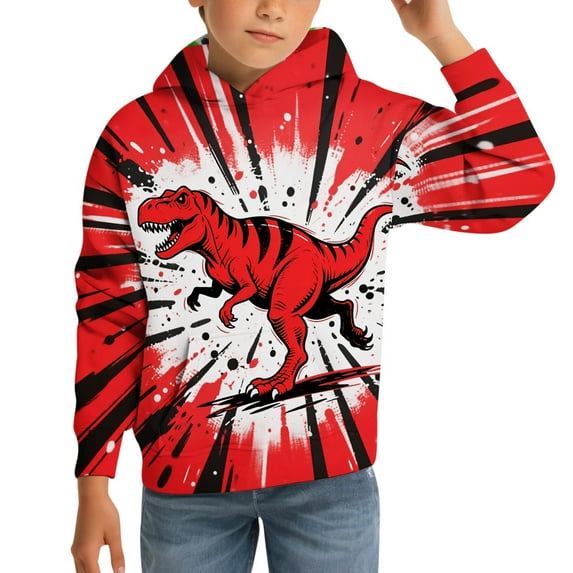 HUAXUN-Kids Dinosaur Tie Dye Hoodie Boys Girs Pullover with Pocket , Soft Casual Long Sleeve Printed Sweatshirt with Drawstring for Children Sports Outdoor 2-12 Years(Red,5-6Years)