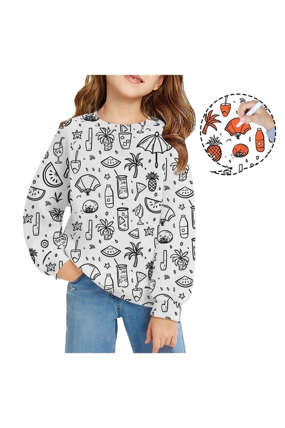 -Kids Doodle Print Sweatshirt | Hand-Drawn Sketch Crewneck | Soft Casual Pullover with DIY Drawing Design | Long Sleeve Tops for Girls & Boys(White,6-7Years)