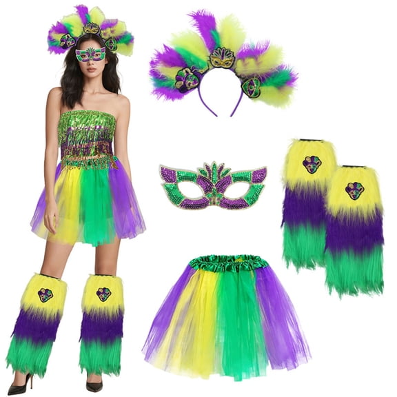 HUAXUN-Mardi Gras Outfit for Women - 4pc Three Color Purple Yellow Green Party Dress Accessory Set for Women Disco Carnival Party for Carnival & Stage Performance(Green)